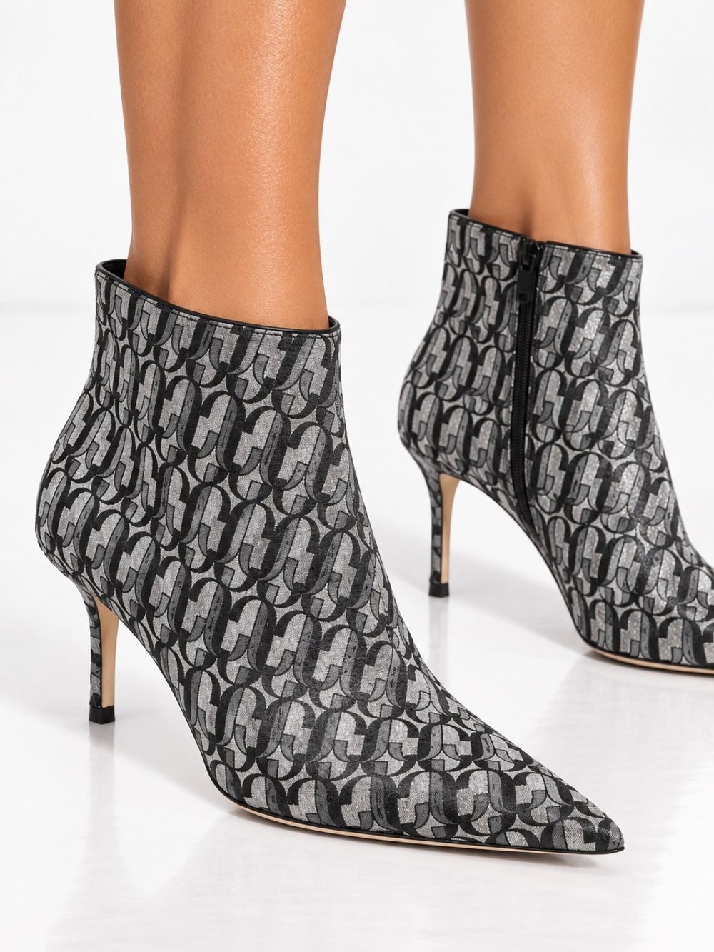 NWOT JIMMY CHOO Marinda 65 Black & Silver Monogram 'JC" Logo Booties Siz…